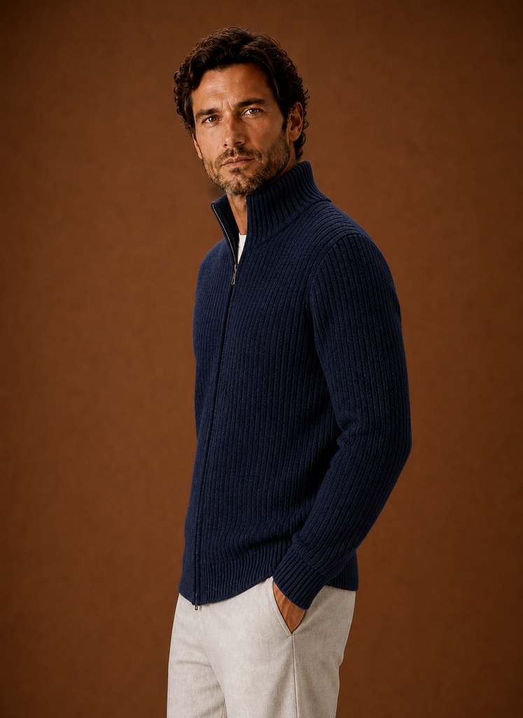 Side profile of Areleon men's ribbed zip sweater showing collar and sleeve silhouette