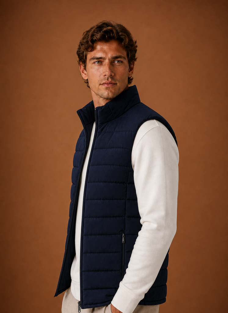Side profile of men's sleeveless quilted gilet showing a streamlined silhouette