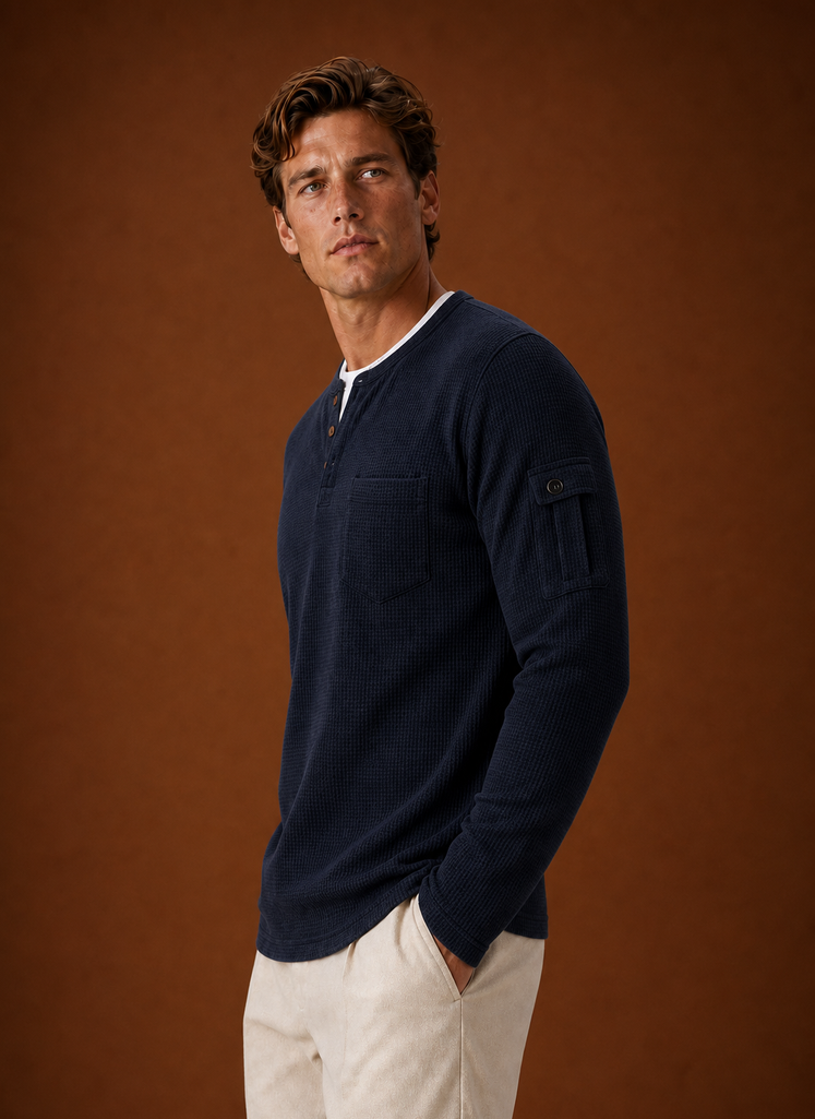 Side view of the Henley shirt showing profile and sleeve fit