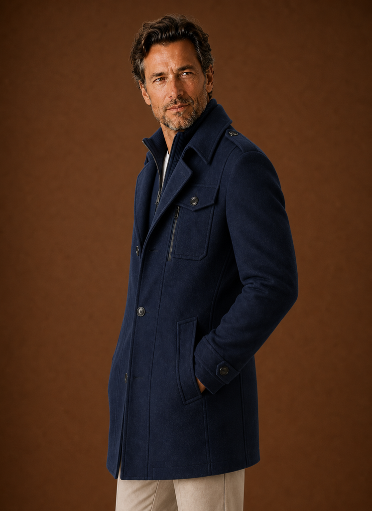 Side view of men's long coat showing longline profile and fitted sleeves