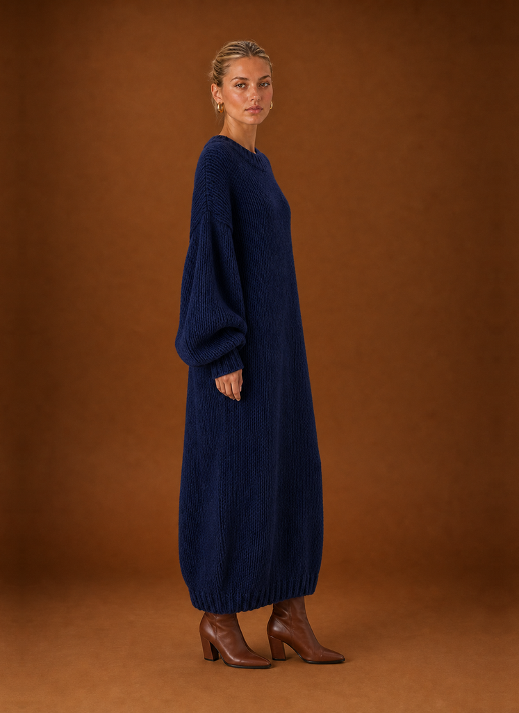 Side profile of the oversized knit maxi dress displaying relaxed fit and drape