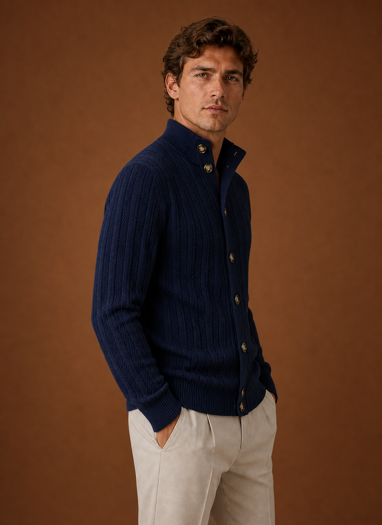 Side view of Areleon Men's knit cardigan showing sleeve fit and silhouette