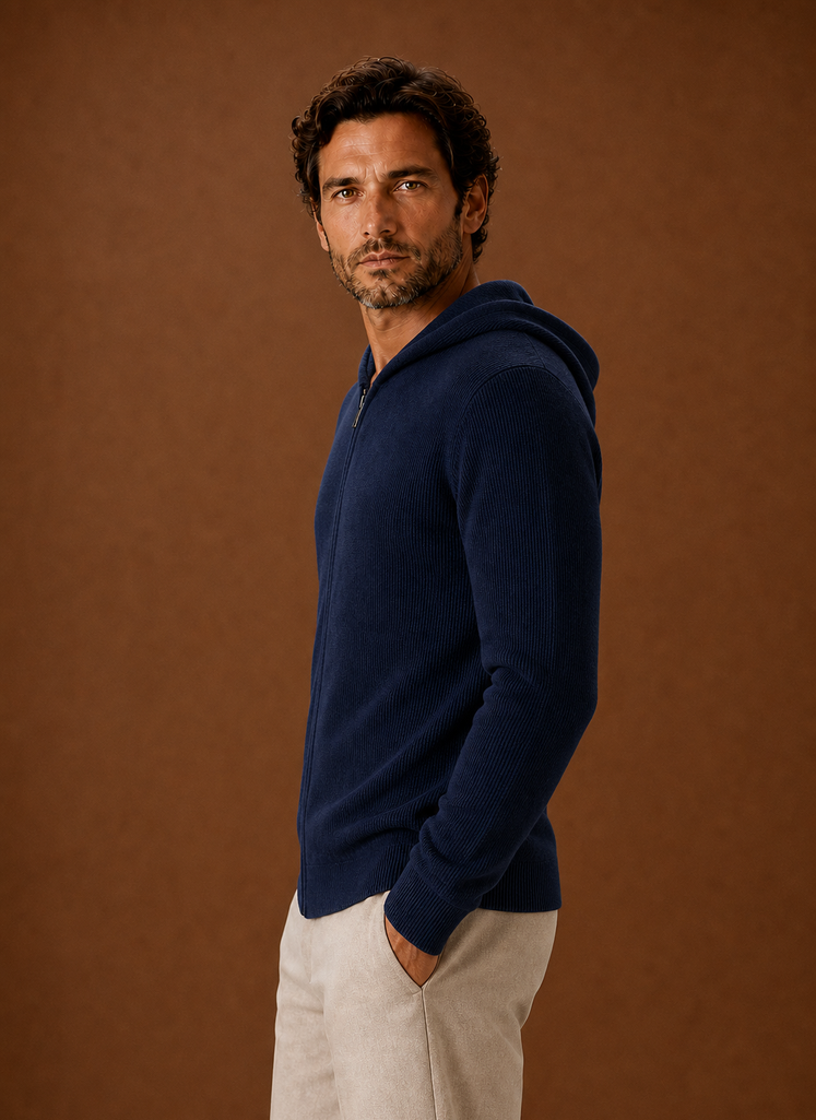Side profile of Areleon men's full-zip knit hoodie showing hood and zipper
