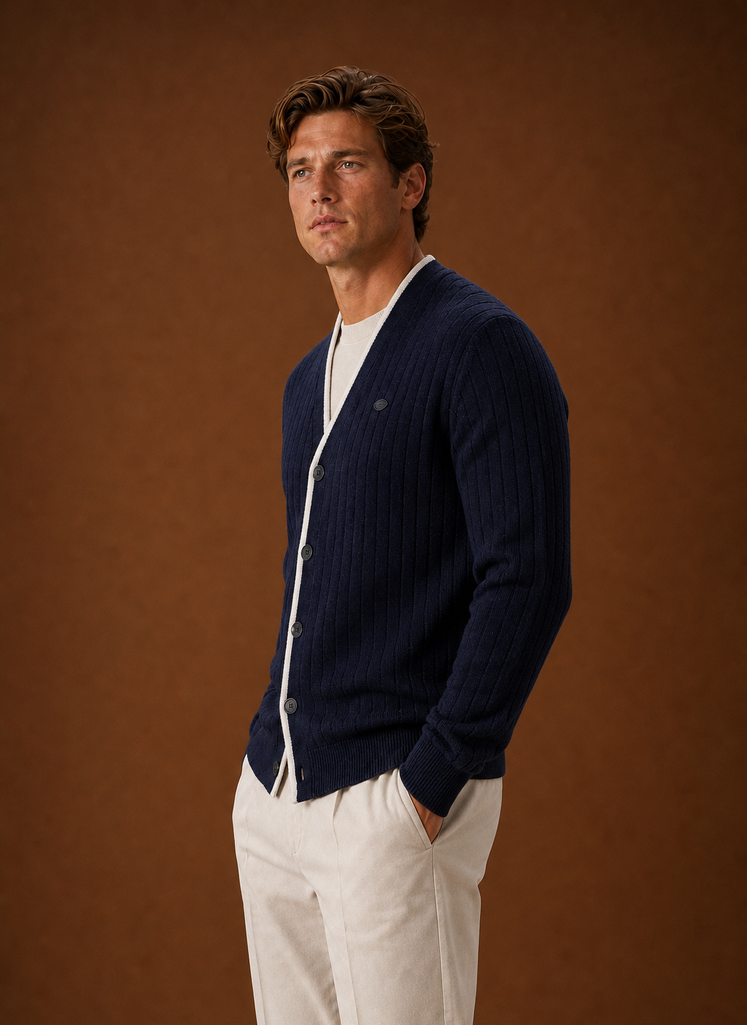 Men's V Neck Cardigan - Ribbed Knit Button Up Sweater side view