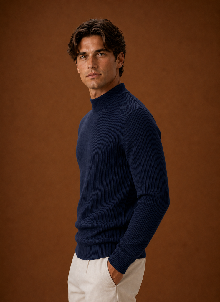 Men's Turtleneck Sweater - Ribbed Roll Neck Knit Pullover side view