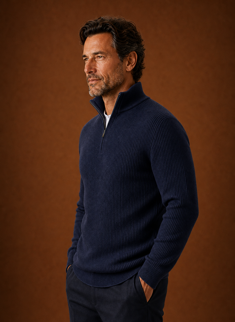 Side profile of the ribbed sweater highlighting the sleeve shape and collar height