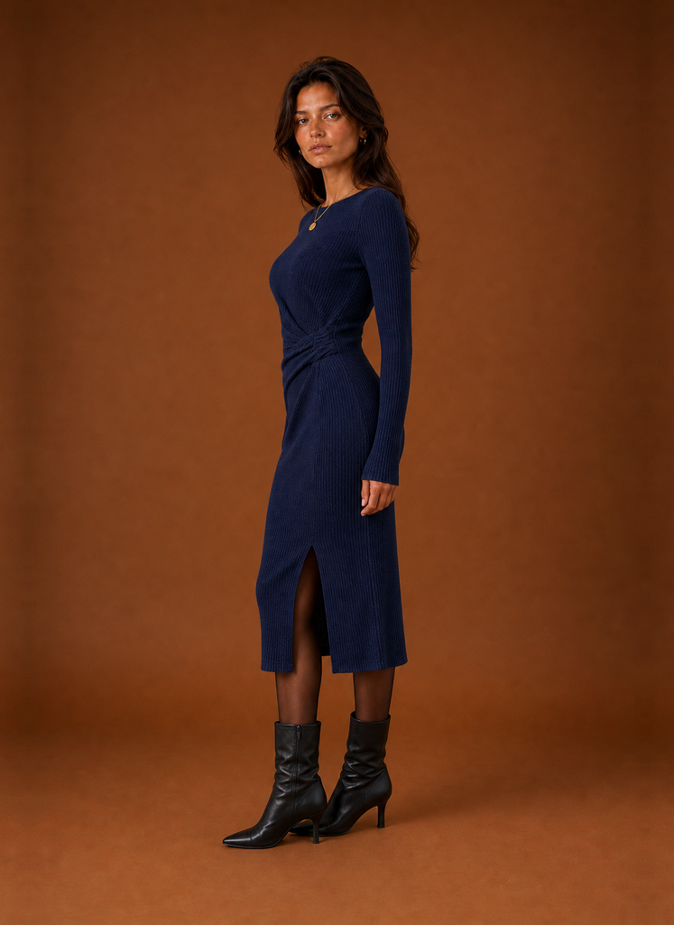 Side profile of women's sweater dress displaying drape and fit