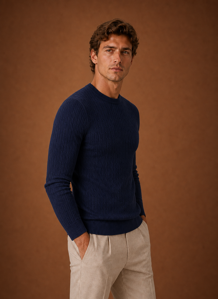 Side view showing slim-fit silhouette of Areleon men's cable knit crew neck sweater