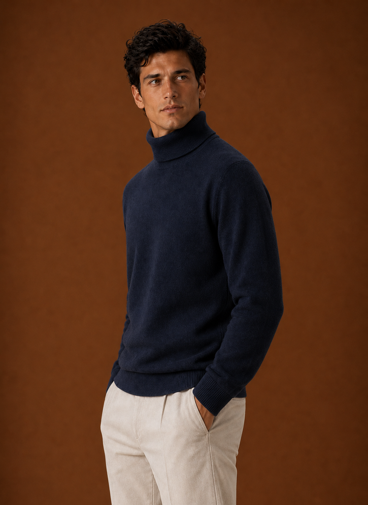 Men's Turtleneck Sweater - Classic Roll Neck Knit Pullover side view