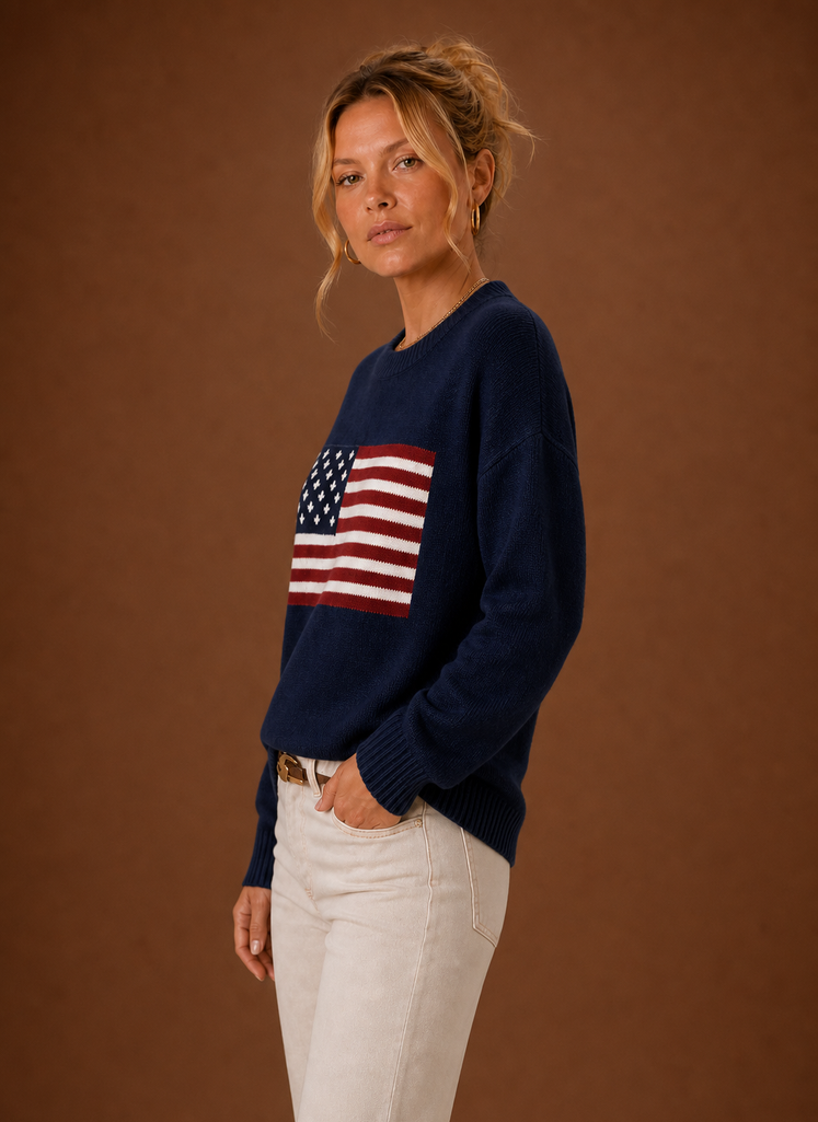 Side profile of Areleon crew neck pullover showing long sleeve silhouette