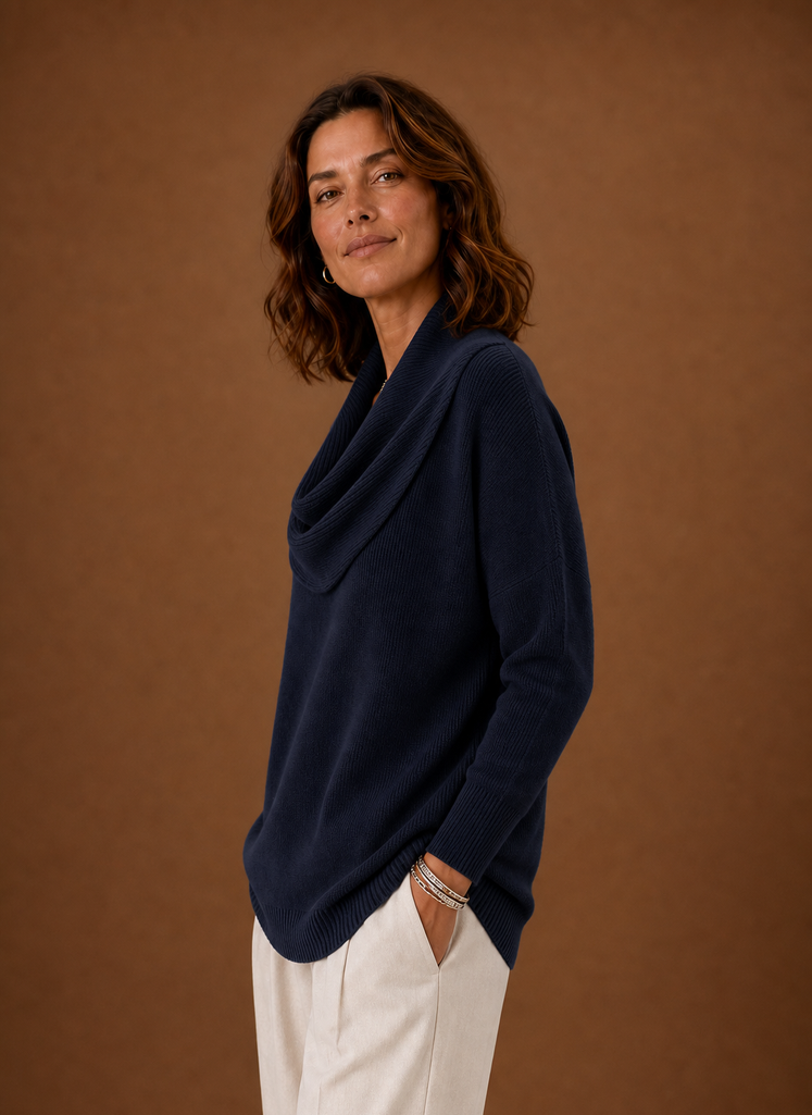 Side profile of Areleon women's cowl neck knit sweater showing draped neckline