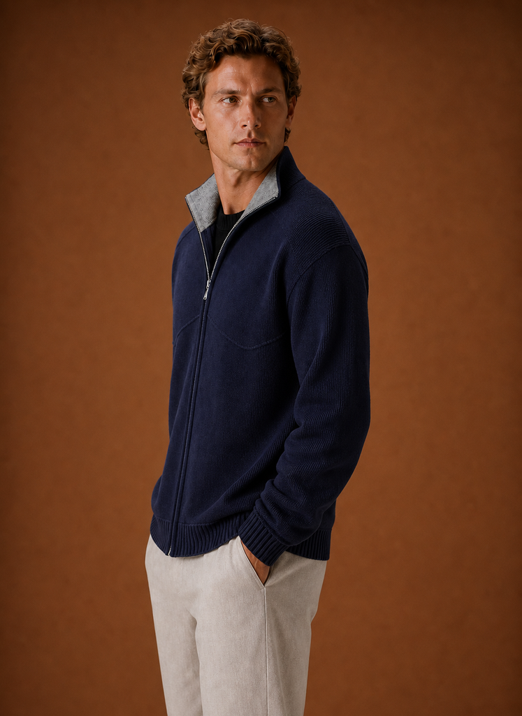 Side view of men's full-zip knit cardigan jacket in grey showing fit and zip closure