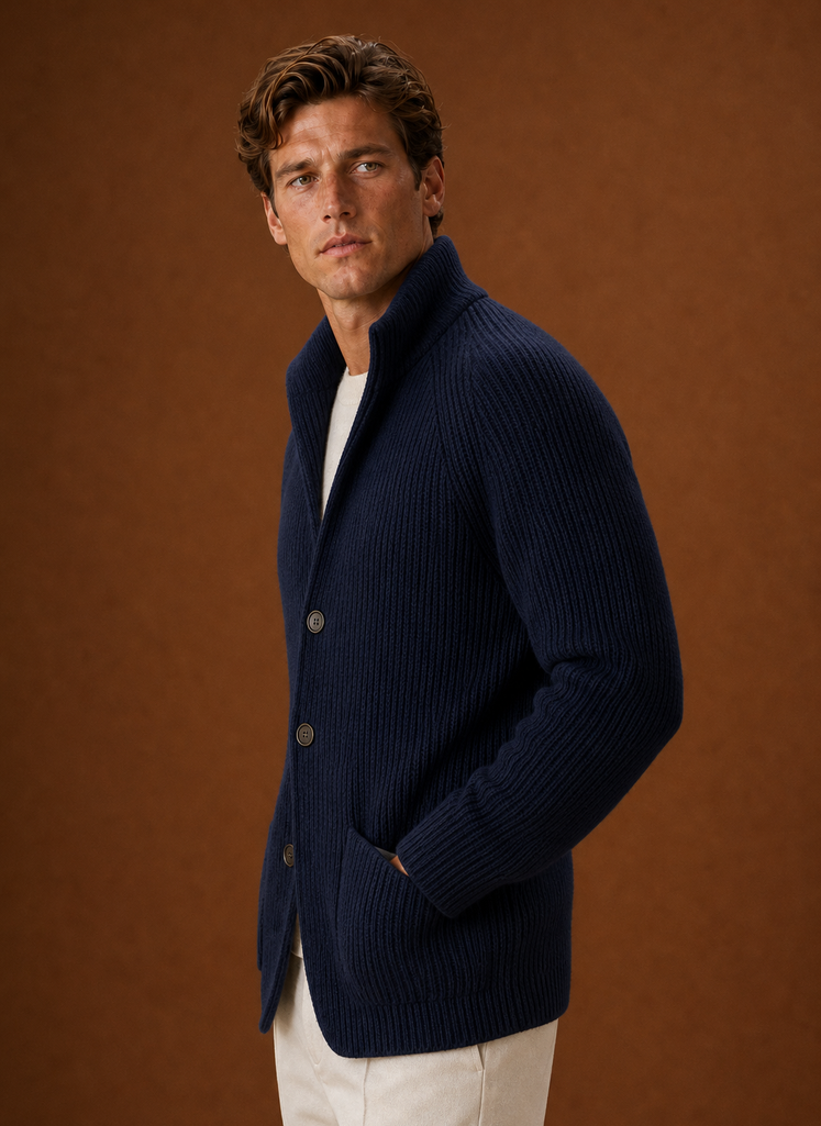 Side profile of a men's ribbed knit cardigan showing sleeve and drape