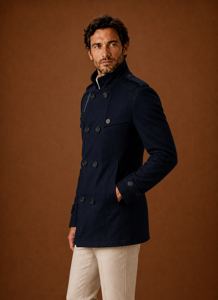 Side profile of men's double-breasted overcoat showing clean silhouette
