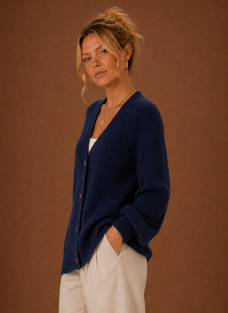 Side view of women's V-neck knit cardigan showing sleeve drape and silhouette