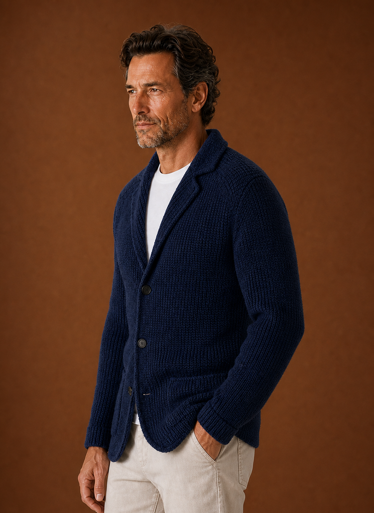 Side profile of men's knit cardigan jacket showing blazer-style collar and long sleeve