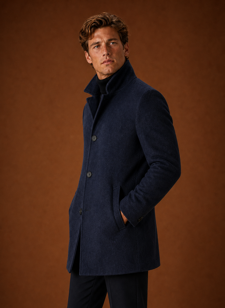 Men's Wool Blend Coat - Classic Button Up Winter Overcoat side view