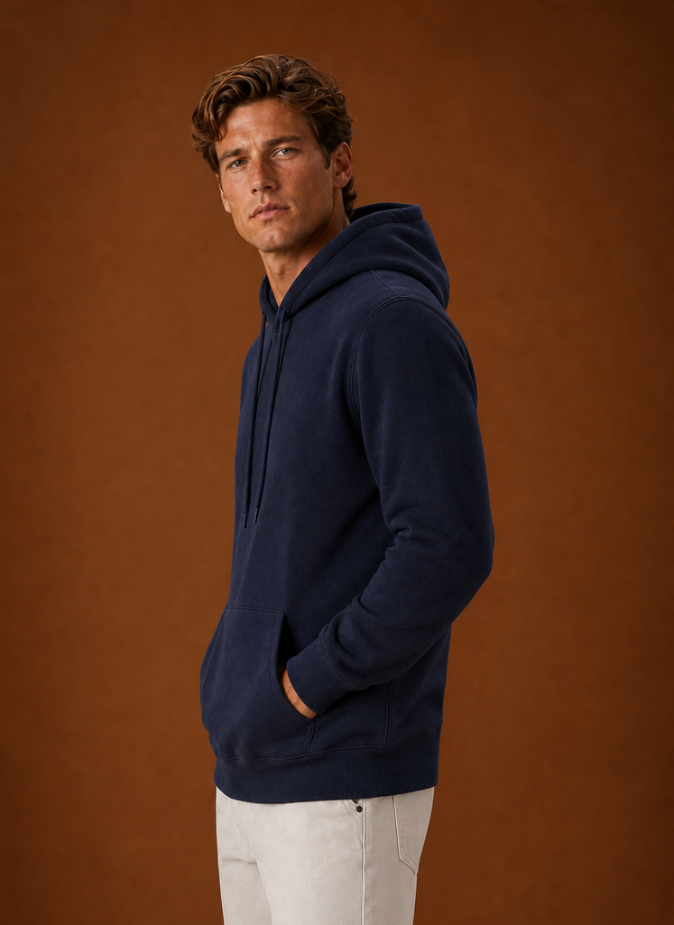 Side profile of the Areleon men's hoodie highlighting the hooded neckline and sleeve fit