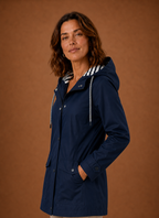Side profile of women's hooded trench coat highlighting sleeve length and straight fit