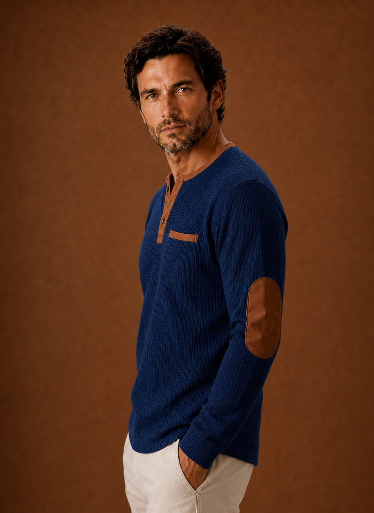 Side view showing fit and long sleeve of men's waffle-knit Henley shirt