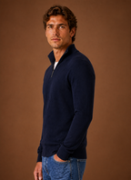 Side view of men's shirt jacket highlighting sleeve profile and relaxed fit