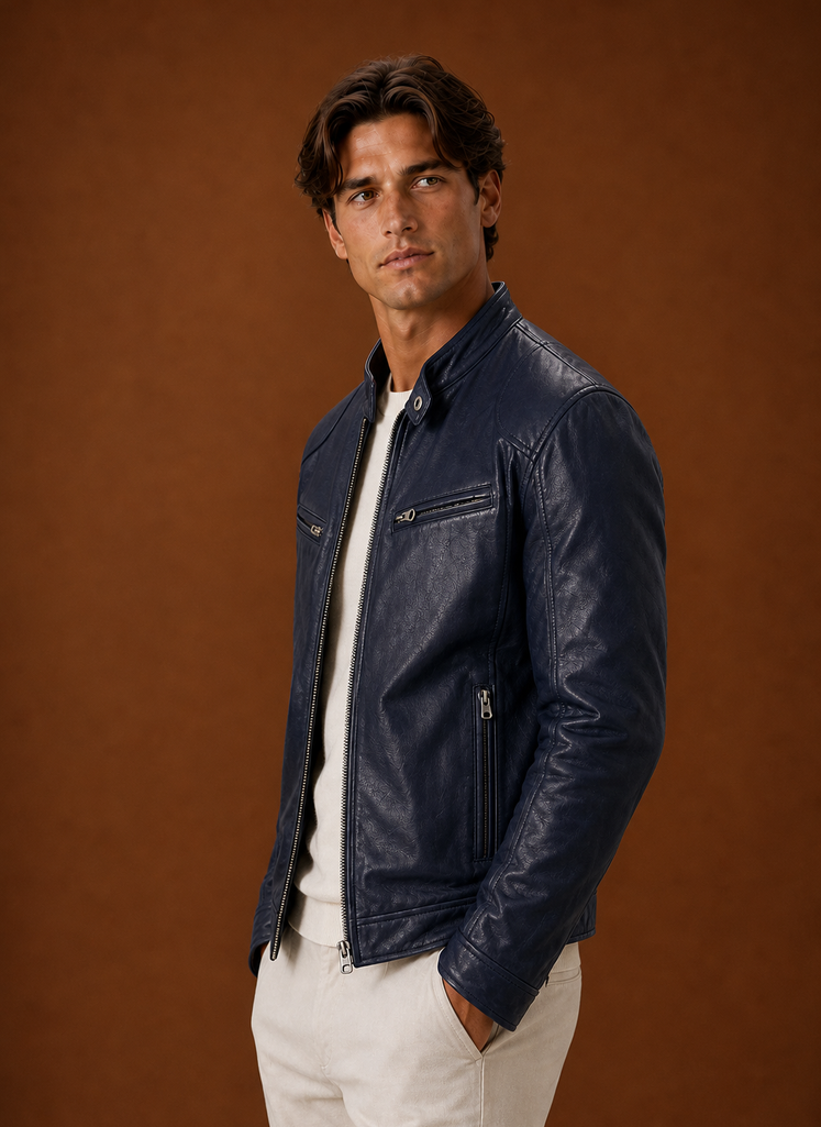 Side profile of men's moto jacket showing structured fit and collar