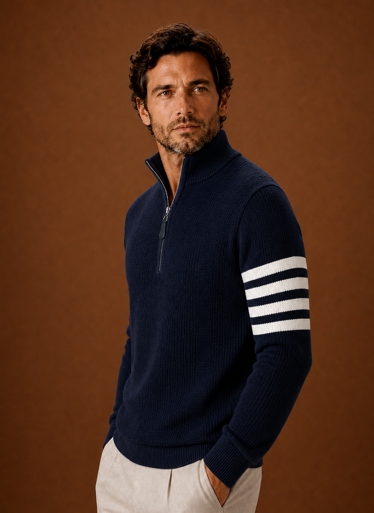 Side view of the sweater showing long sleeve fit and profile