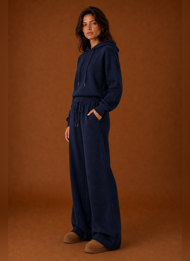Side view of a women's sweatsuit highlighting the tracksuit silhouette and pant profile