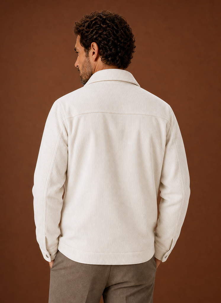 Back view of a men's crew neck knit sweater showing neckline and hem