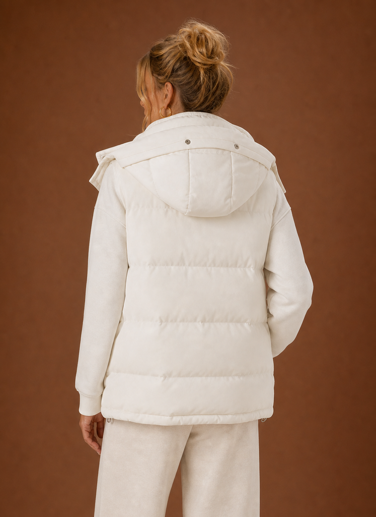 Back view highlighting the sleeveless puffer vest's quilted back