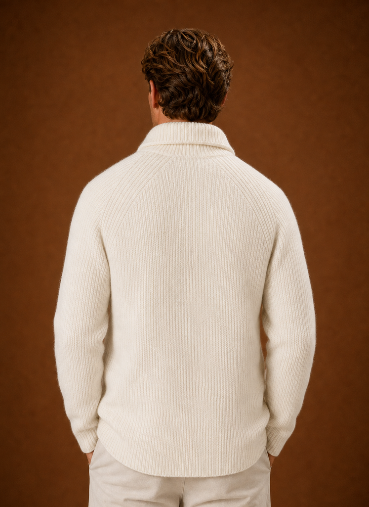 Back view of a men's ribbed knit cardigan displaying the ribbed texture