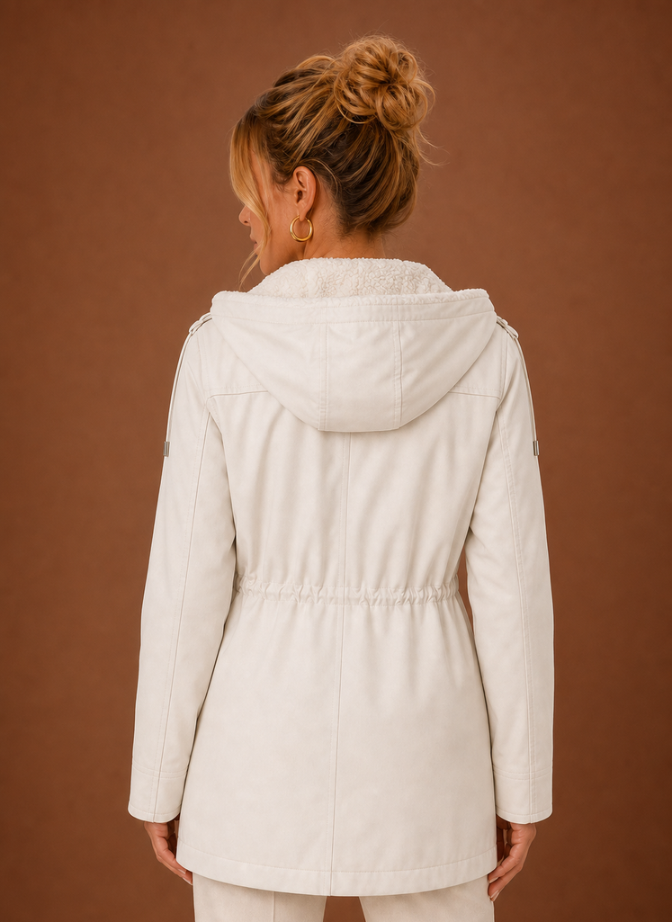 Back view of the long women's parka jacket with hood