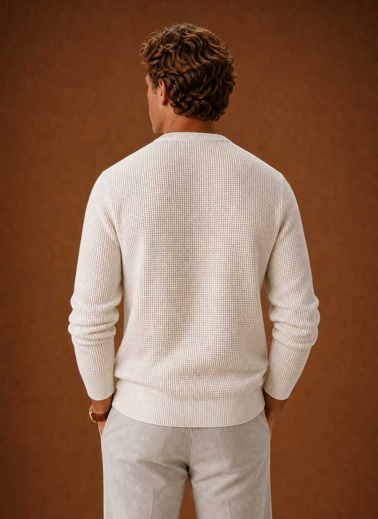 Back view of Areleon men's waffle knit crew neck sweater highlighting straight hem and knit texture