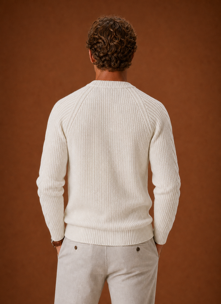 Back view of a men's cable knit crewneck sweater in sky blue