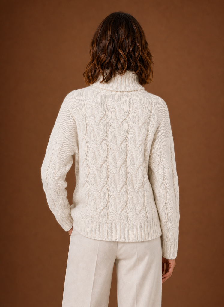 Back view of Areleon cable knit sweater highlighting overall knit texture