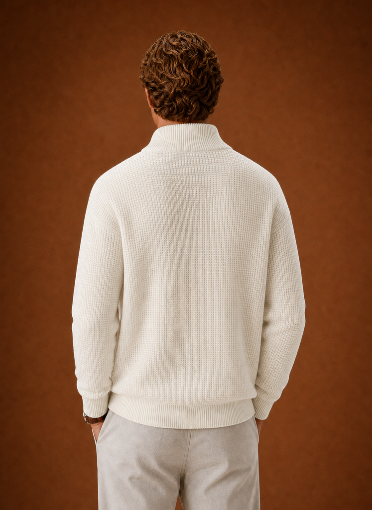 Back view of Areleon men's knit cardigan on a mannequin
