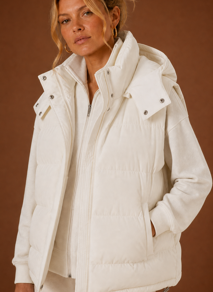 Close-up of the quilted stitching and hood detail on the puffer vest
