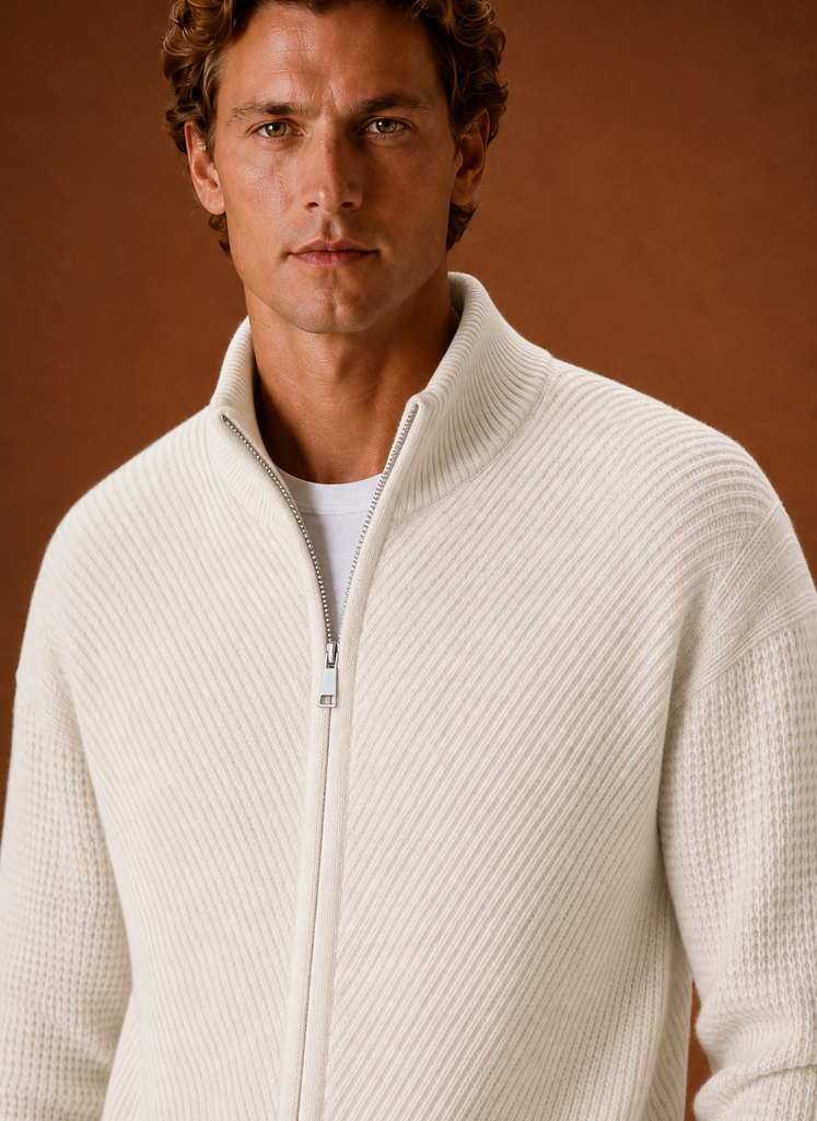 Close-up of the zipper and knit texture on the Areleon men's cardigan