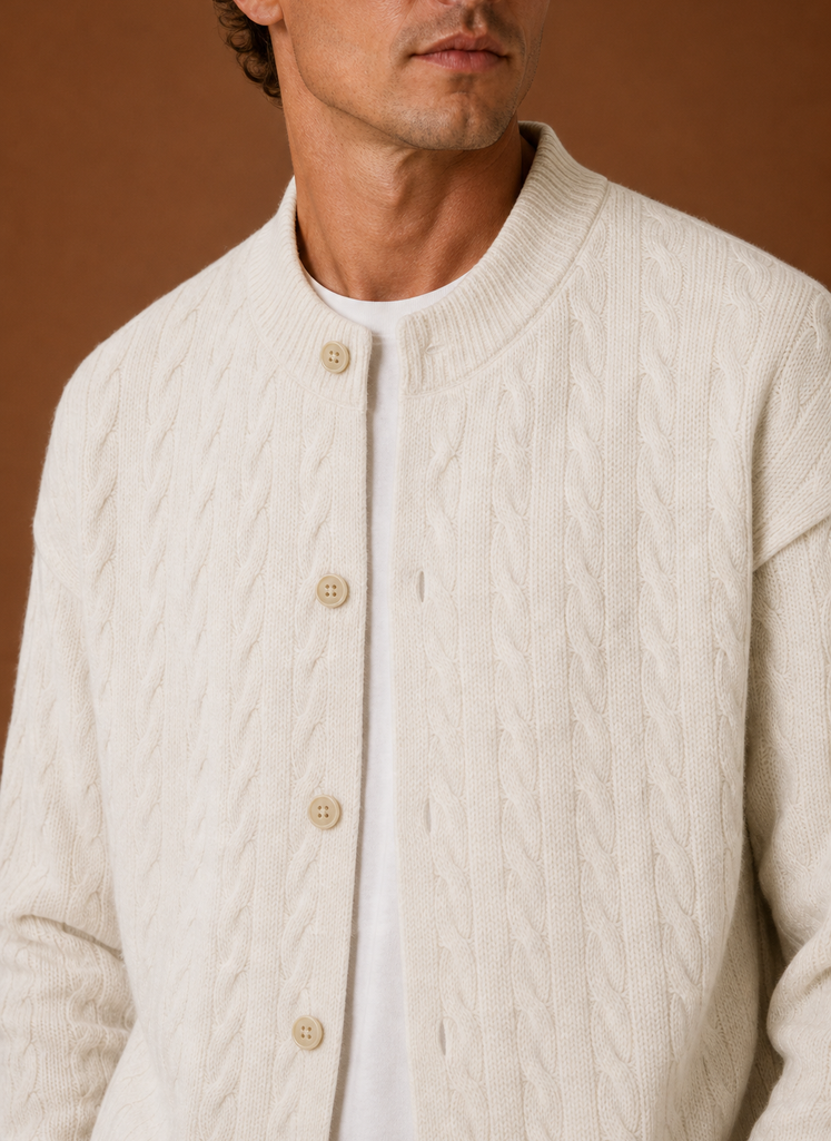 Close-up of cable knit pattern and button-front detail on the cardigan