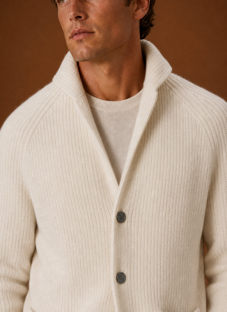 Close-up of the ribbed knit texture on the men's cardigan