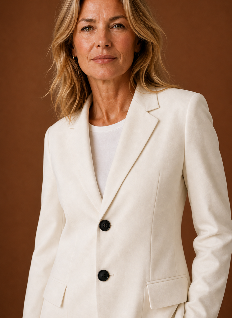 Close-up of blazer lapel and stitching detail