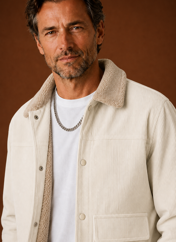 Close-up of the button-front closure and knit detail on the Areleon cardigan