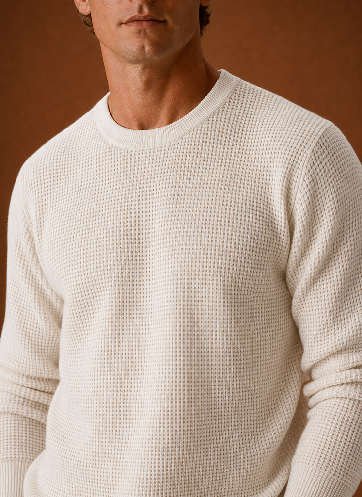 Close-up of waffle knit texture and crew neckline detail on Areleon men's sweater