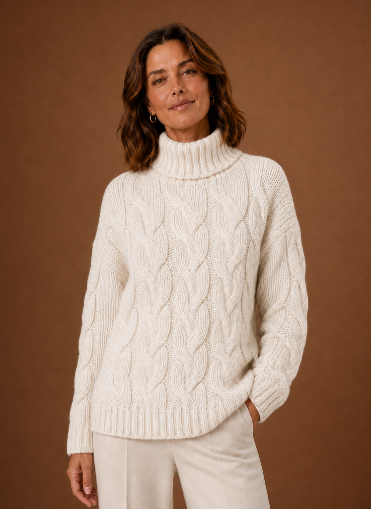 Front view of Areleon cable knit sweater showing full front cable pattern