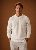 Front view of Areleon men's waffle knit crew neck sweater showing textured waffle stitch and crew neckline