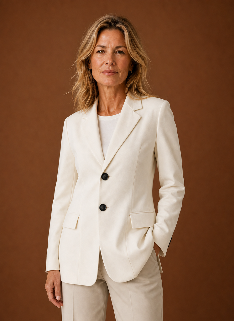 Front view of women's longline blazer on hanger with clean tailored silhouette
