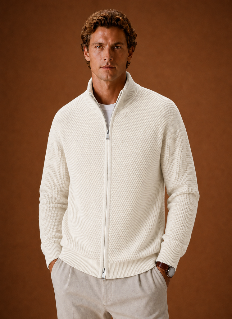 Front view of Areleon men's full-zip knit cardigan on a mannequin