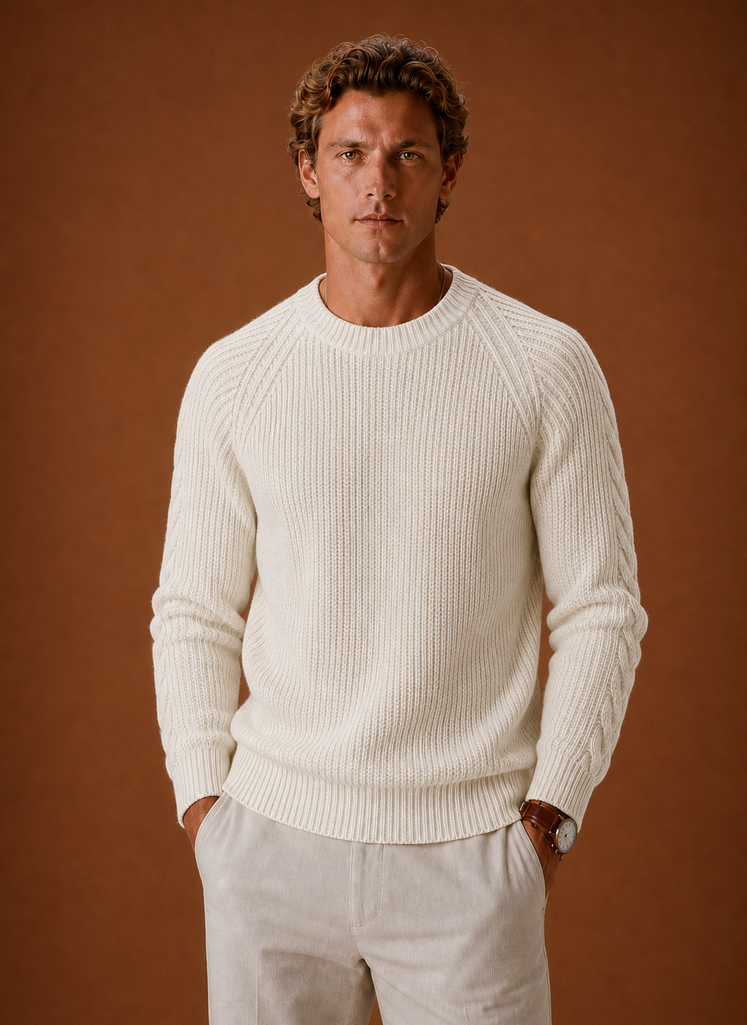 Front view of a men's cable knit crewneck sweater in khaki