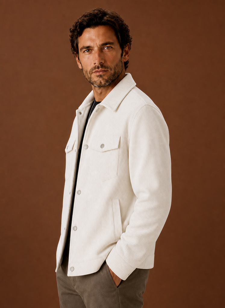 Side profile of a men's crew neck knit sweater showing shoulder and sleeve fit