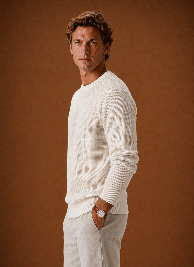 Side view of Areleon men's waffle knit crew neck sweater showing sleeve silhouette and fit